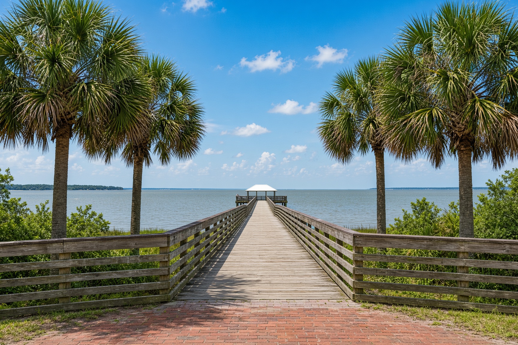 A wooden pier and palms on the bay