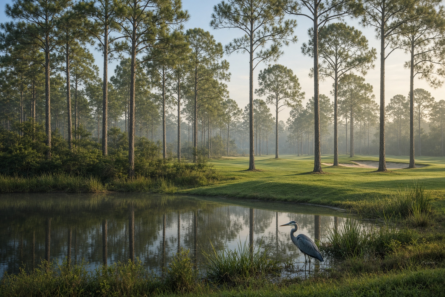 Golf through pines, inland from the gulf