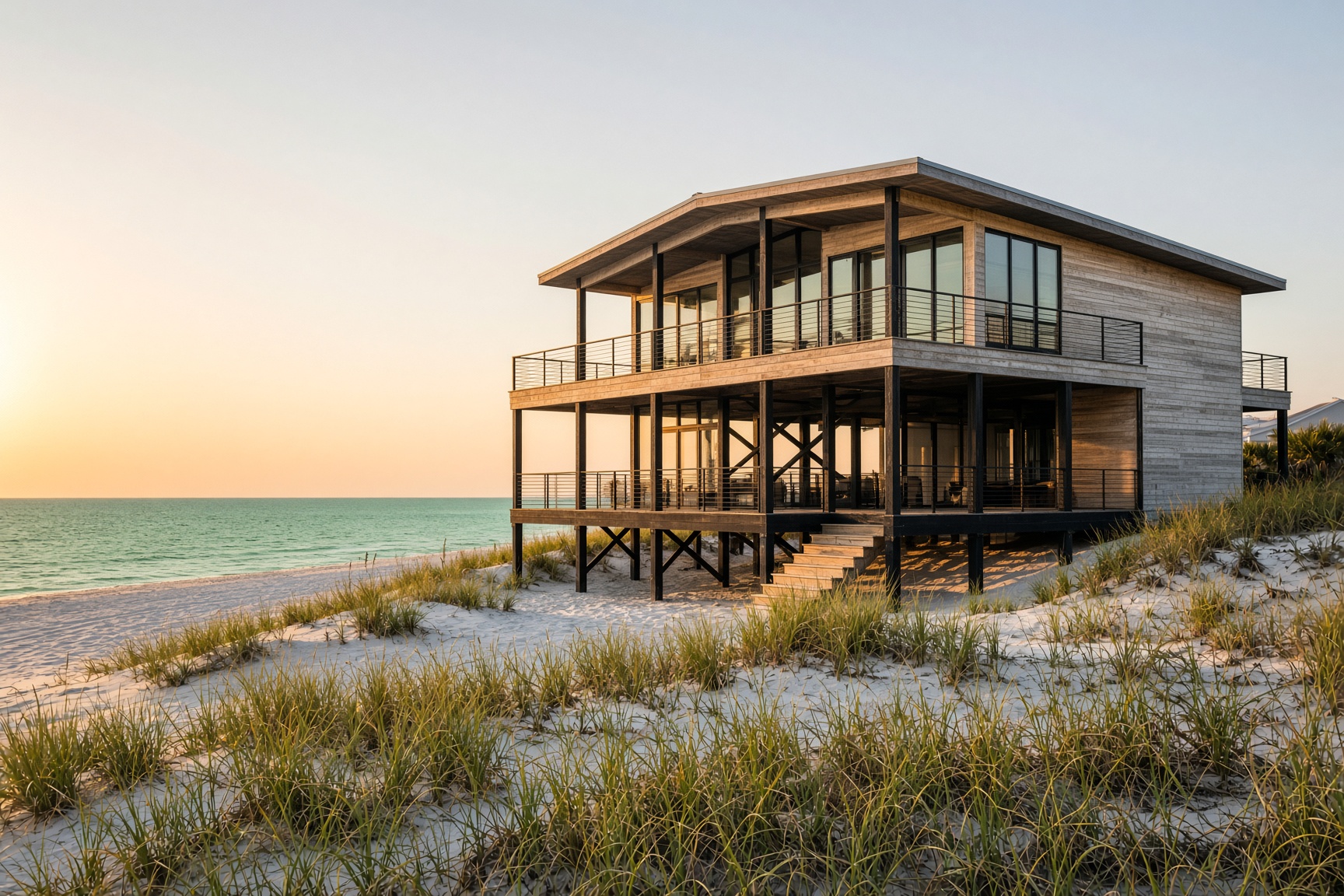 Elevated gulf-front house in late golden light, dune grass in front
