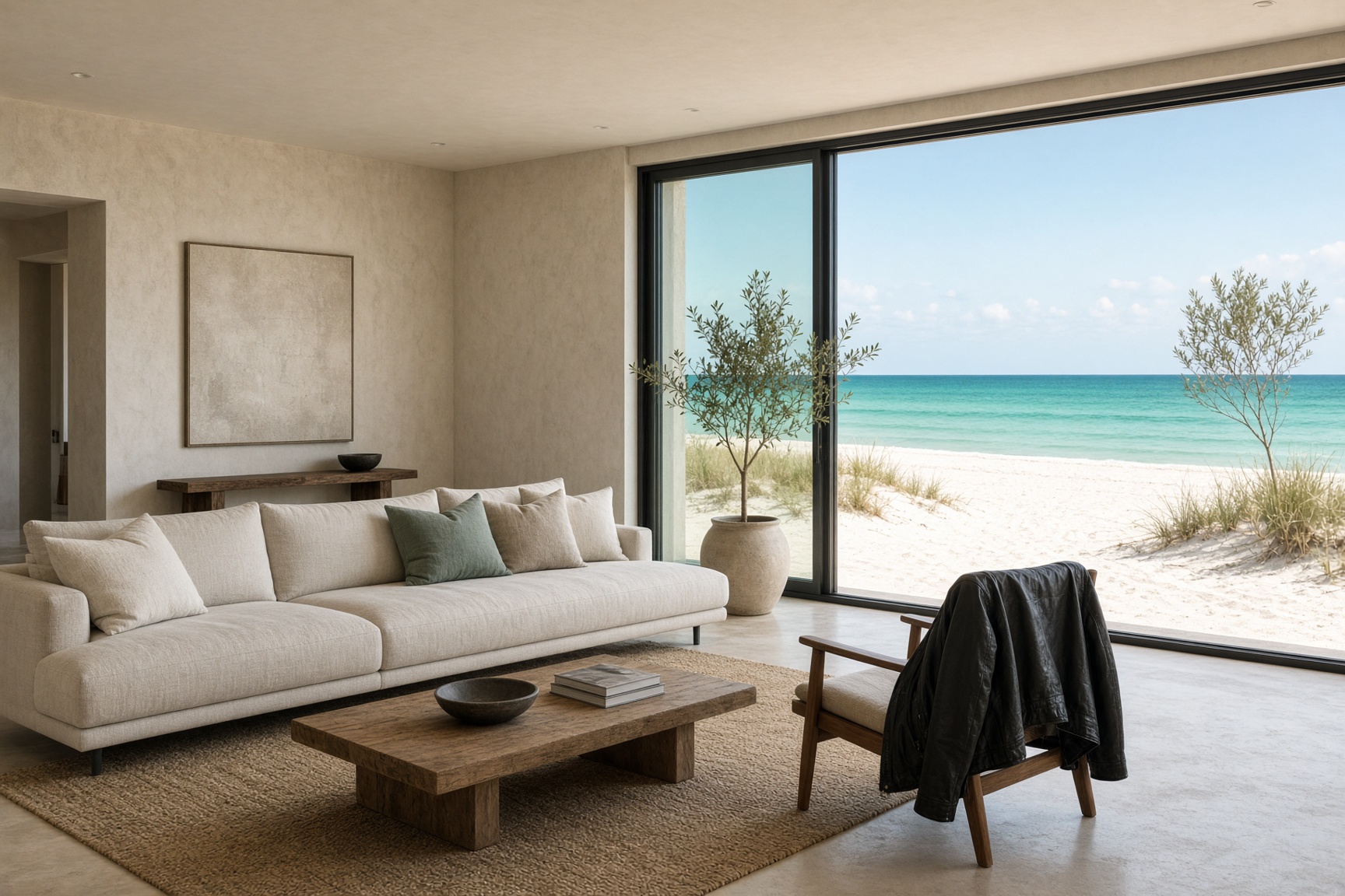 Leather jacket on a chair inside a quiet beach house, gulf visible through the glass